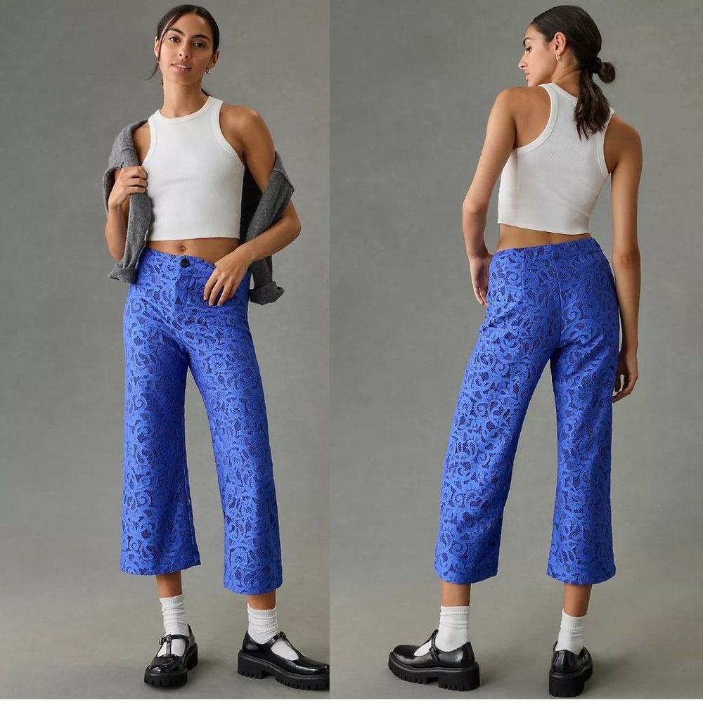 Anthropologie The Colette Lace Cropped Wide-Leg Pants by Maeve 30 blue